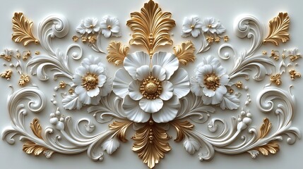 Intricate 3D golden Baroque ornament featuring detailed floral scrolls vintage leaf patterns set against a white background with luxurious historical elegance and rococoinspired decorative elements