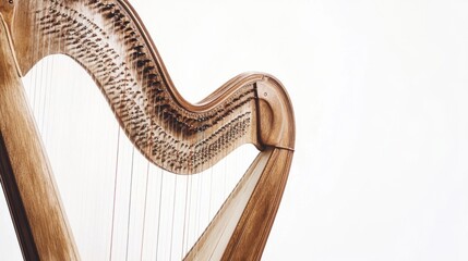 Classical harp with strings stretching across the wooden frame, isolated on white background
