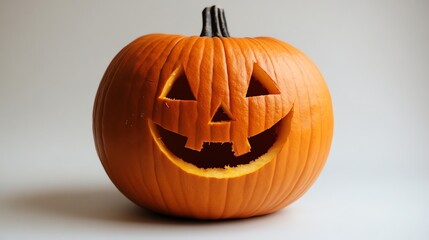 Obraz premium A classic jack-o'-lantern with a friendly smile, carved into a bright orange pumpkin.