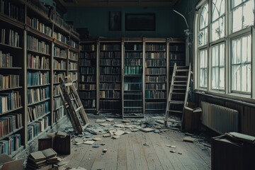 A decaying, abandoned library with dusty bookshelves, broken ladders, and rotting wood floors, space for text in the dimly lit aisle, evoking the passage of time and forgotten knowledge.