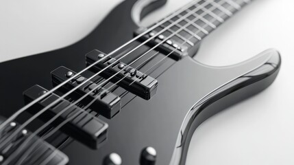 Fototapeta premium Electric bass guitar with sleek black body and metallic strings, isolated on white background
