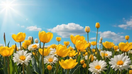 Fototapeta premium Spring Flower Background with Yellow Tulips and Daisies for Design