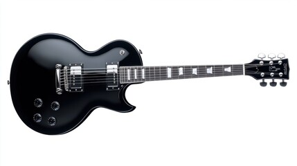 Electric guitar with sleek black finish and metallic strings, isolated on white background