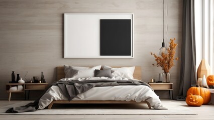 Modern minimalist wall art mockup of bed room for Halloween, blank frame for wall art mockup of bed room, Halloween and Christmas spooky scary vibes of the room interior design