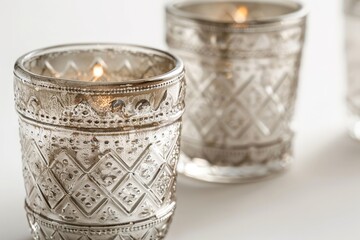 Ornate Silver Candle Holders with Warm Glow Isolated On White Background