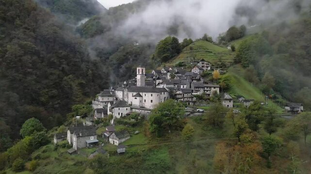 Aerial view of the beautiful village of Corippo, Valle Verzasca, Switzerland.