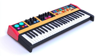 Fototapeta premium Modern synthesizer with colorful buttons and keys, isolated on white background