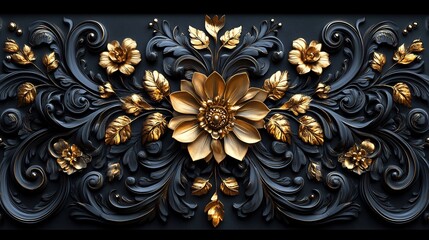 Intricate Baroque ornament swirling golden floral patterns and delicate leaf filigree arranged in a luxurious 3D style set against a minimalistic black background for a grand and opulent appearance