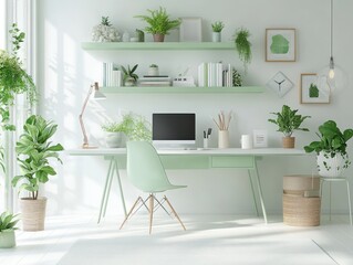 Functional study room with white walls and mint green open shelving