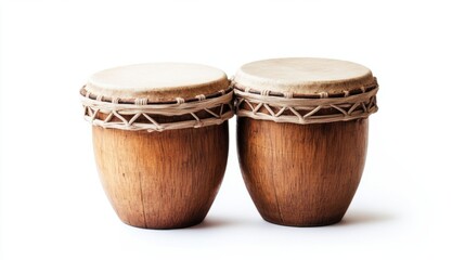 Pair of bongos with wooden bodies and taut drumheads, isolated on white background
