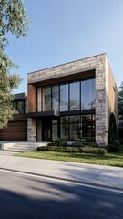 Stunning eco-luxury modern house exterior showcasing the harmony of stone, wood, and sleek design elements.