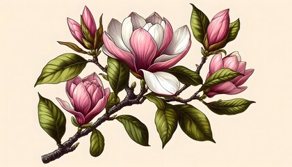 Magnolia buds on a branch Pink magnolia flowers illustration.