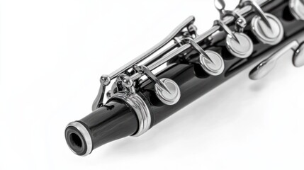 Naklejka premium Polished black clarinet with silver keys, isolated on white background