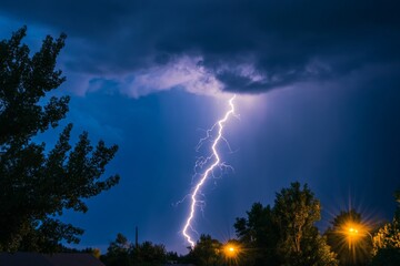 A vibrant vertical lightning bolt electrifies the night sky over a serene suburban area, offering a stunning contrast between human habitation and nature’s forceful presence.