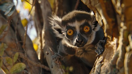Detailed Close-Up of a Lemur in a Baobab Tree