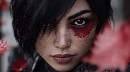  A woman's face, severely close-up, bears bloodstains Red flowers prominently occupy the foreground