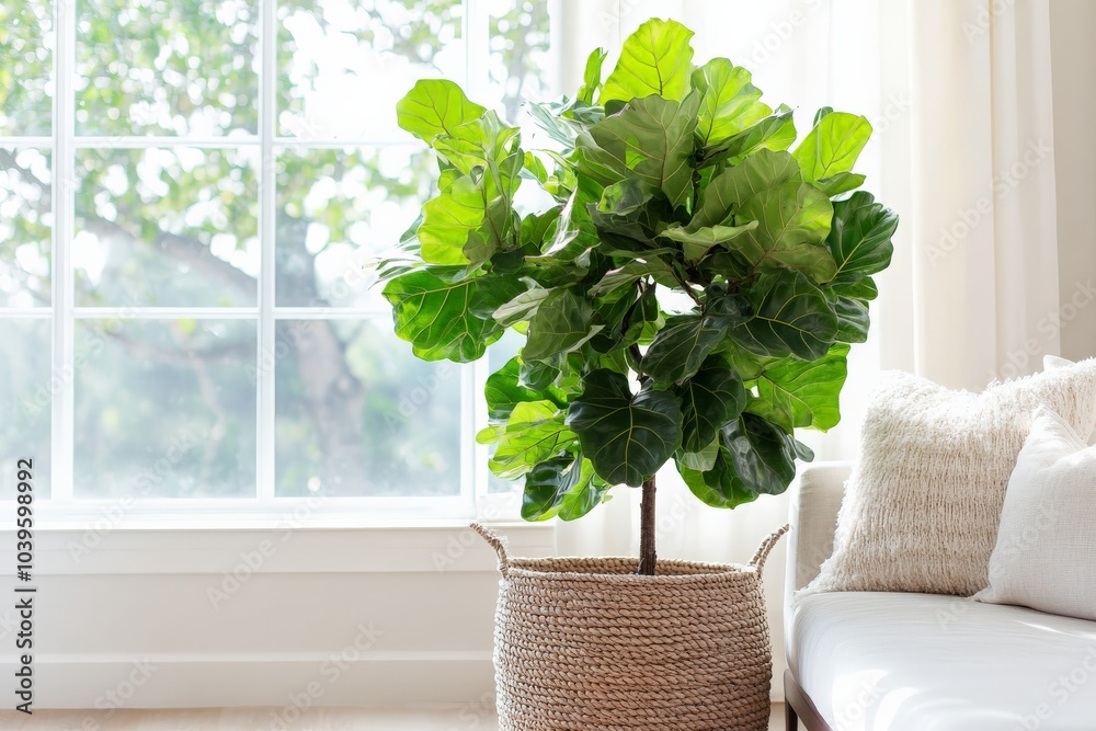 Poster a lush greenery arrangement by a large sunlit window, adjacent to a cushy white sofa with knit throw