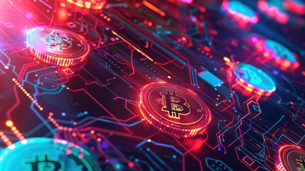 Bitcoin on a Circuit Board with Neon Lights