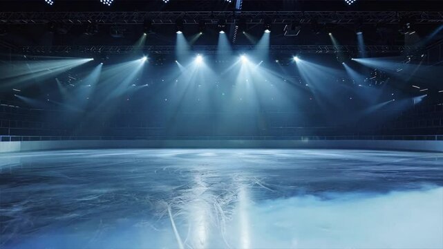 Stunning ice rink with dramatic lighting in indoor arena creates captivating atmosphere, featuring smooth, reflective surface that enhances excitement of winter sports and skating in cold environment.