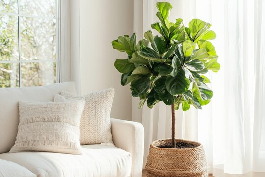 A vibrant fiddle leaf fig tree thrives in a sunlit living room, next to a cozy white sofa accentuated with textured pillows, basking in natural light.