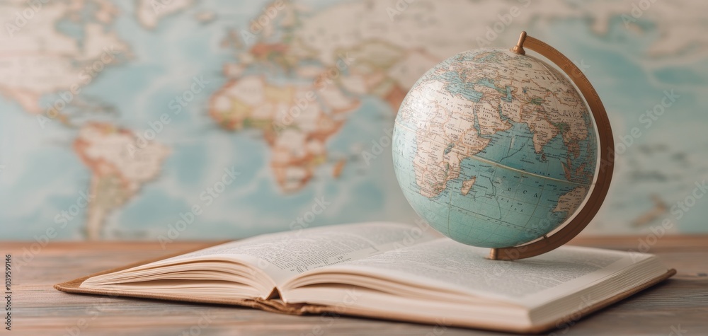 Wall mural a globe sits on an open book with a world map background, symbolizing exploration and knowledge.