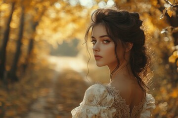 Fototapeta premium super model standing on coffee-colour backdrop, pretty girl with naked shoulders. Beautiful simple AI generated image