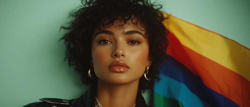 A person stands confidently against a backdrop of a rainbow flag, promoting diversity and tolerance during the International Day for Tolerance celebration
