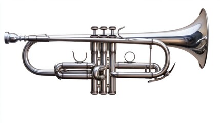 Obraz premium Shiny silver trumpet with three detailed valves, isolated on white background