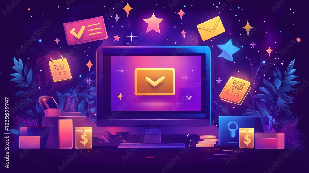 Poster a computer monitor with a checkmark icon and email symbol on the screen. there are several other ico