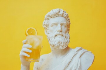 A gracefully sculpted marble statue holds an orange refreshment set against a bold yellow backdrop, blending classical artistry with modern warm tones and vitality.