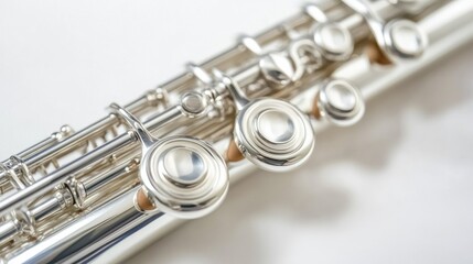 Fototapeta premium Silver piccolo with polished keys, isolated on white background