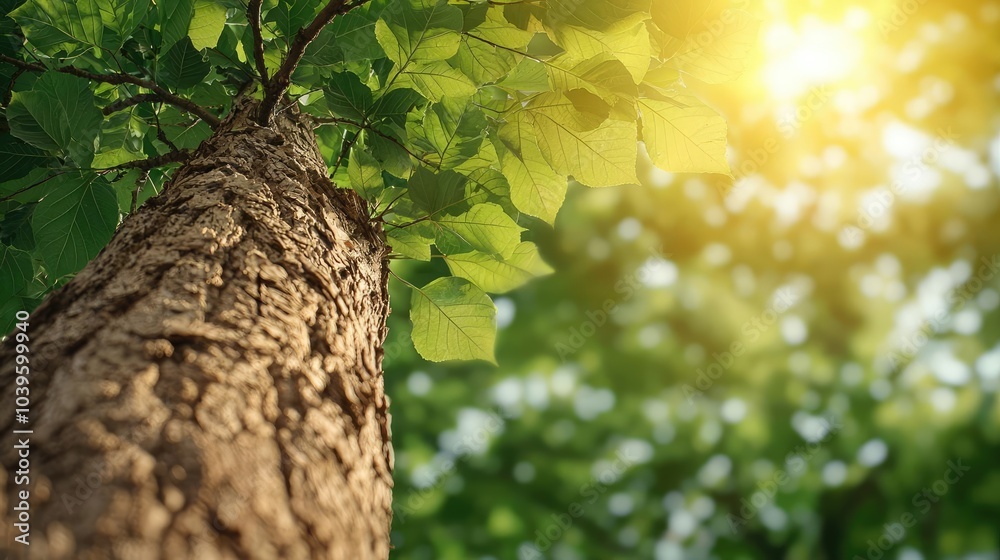 Aufkleber tree trunk with vibrant leaves and sunlight filtering through a lush forest