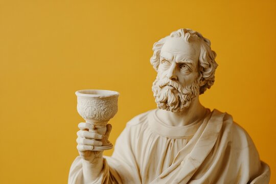 A classical bust holding a delicately carved cup, symbolizing intellectualism and serenity, against a vibrant backdrop. Perfect representation of wisdom.