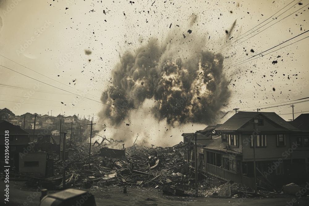 Poster a tremendous explosion obliterates a neighborhood, sending debris skyward and creating a chaotic, de
