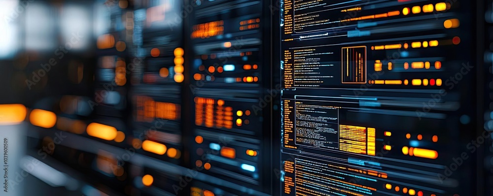 Poster close-up of server rack with glowing lights and digital displays, dark background.