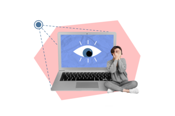 Creative poster figurative collage of frightened scared lady computer cybersecurity privacy data information hacker virus spying dangerous