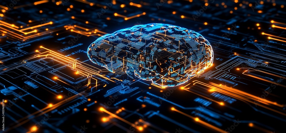 Poster 3d rendering of a glowing blue brain on a circuit board with orange lights.