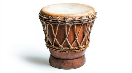 Wooden djembe drum with rope-tuned skin, isolated on white background
