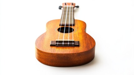 Obraz premium Wooden ukulele with four strings and a smooth finish, isolated on white background