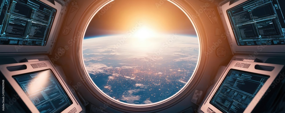 Poster view of earth from a spacecraft window with sunrise in the background.