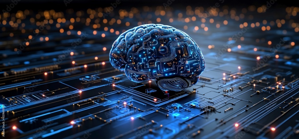 Poster A 3D rendering of a human brain on a circuit board, representing artificial intelligence.