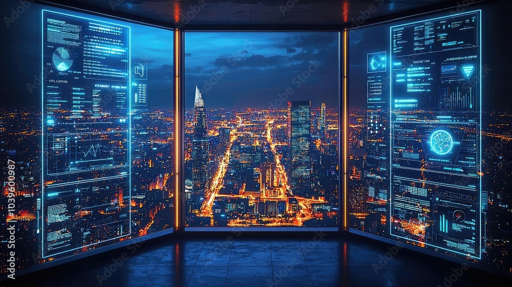 Aufkleber futuristic city view with digital screens displaying data insights at night.