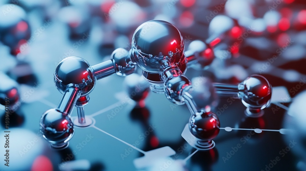 Aufkleber A 3D rendering of a molecule with metallic spheres and connecting rods against a blue and red background with a blurred background of other molecules.