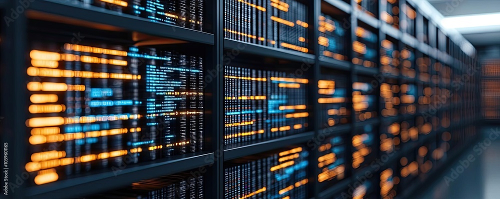 Poster Data storage room with illuminated server racks and high-tech equipment.