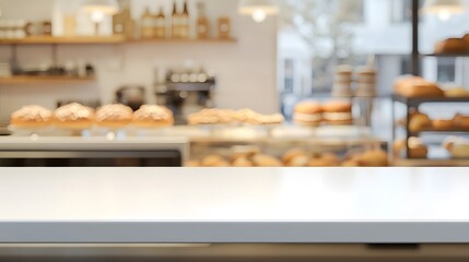 A bakery interior showcasing a variety of pastries and a clean countertop.