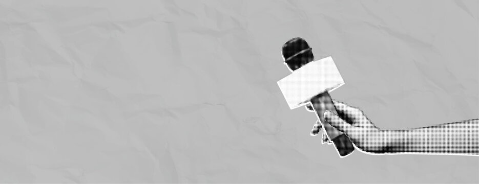 Trendy Halftone Collage Journalist's hand holding microphone for interview and press. Social media news. Advertising and propaganda concept. Empty space for text. Contemporary vector illustration art