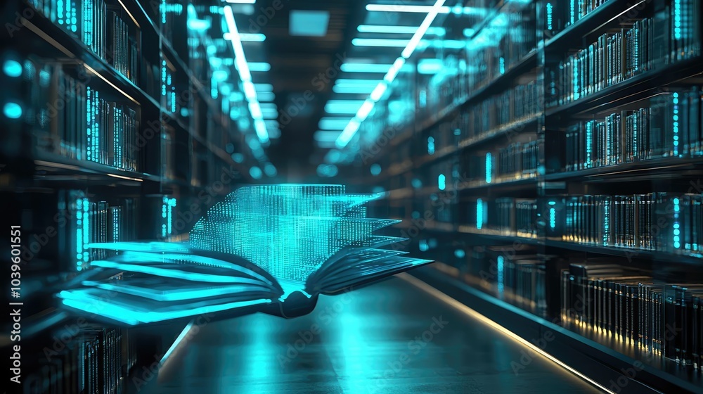 Poster Futuristic library with floating digital book in a high-tech setting.
