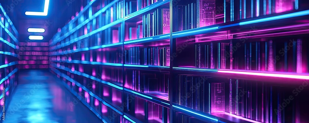 Poster futuristic library with illuminated shelves and neon lights in a digital environment.
