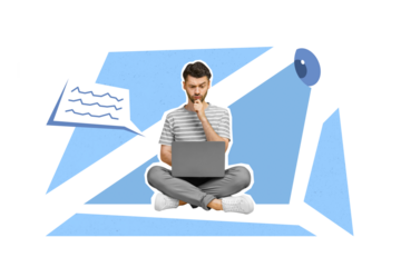 Creative trend collage of serious suspicious young businessman computer internet user big eye spying personal data cybersecurity