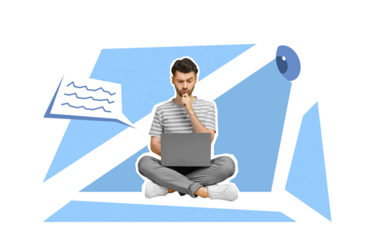 Creative trend collage of serious suspicious young businessman computer internet user big eye spying personal data cybersecurity